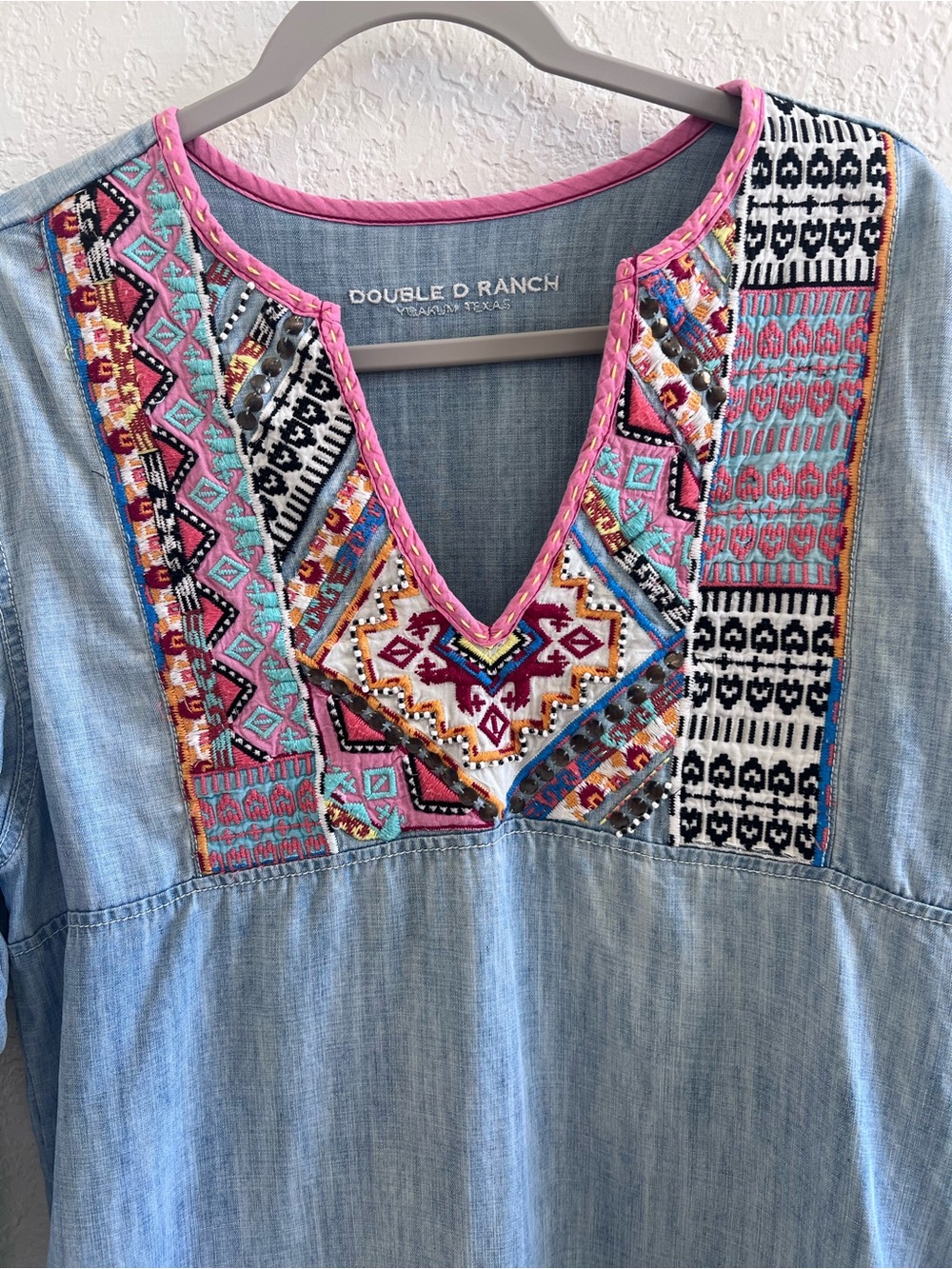 Double D Ranch Light Blue Denim Tunic with Pink & Multicolor Embroidery